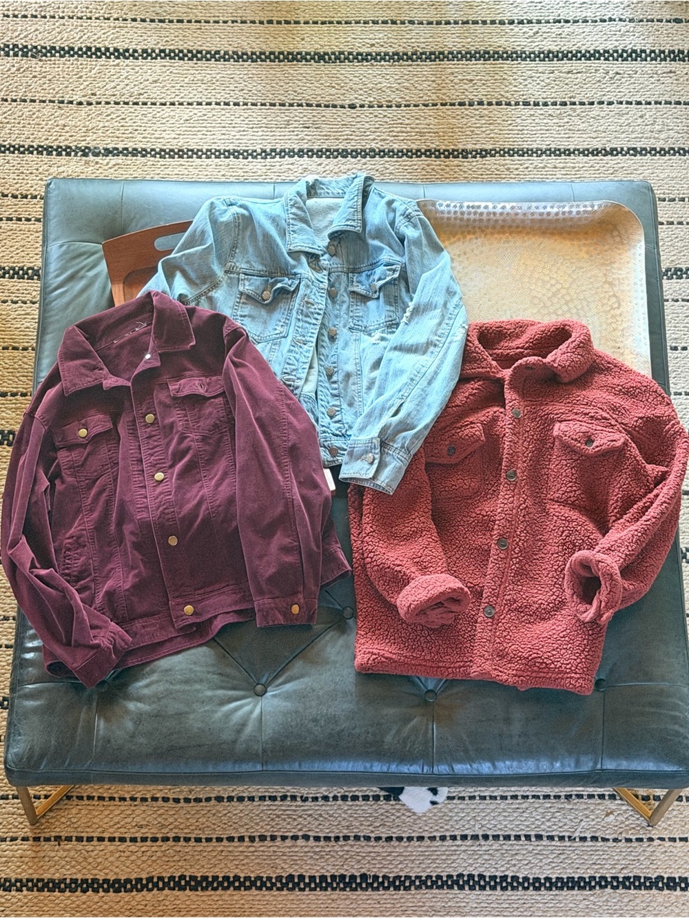 Three Casual XL Jackets - Light Wash Denim, Burgundy Corduroy, Rust Sherpa